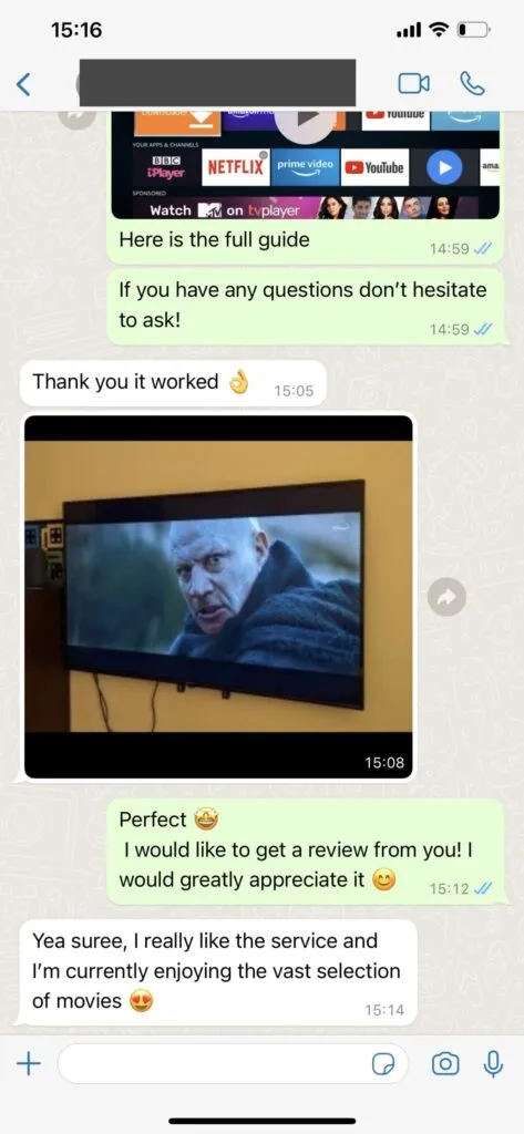 WhatsApp customer chat feedback screenshot for bexytv