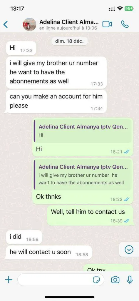 WhatsApp positive customer feedback screenshot for bexy tv best iptv service